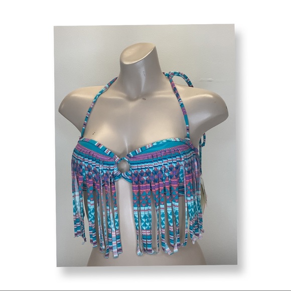 Roxy 2014 Aqua Peep Hole Fringe Bikini Top NWT - Picture 2 of 5